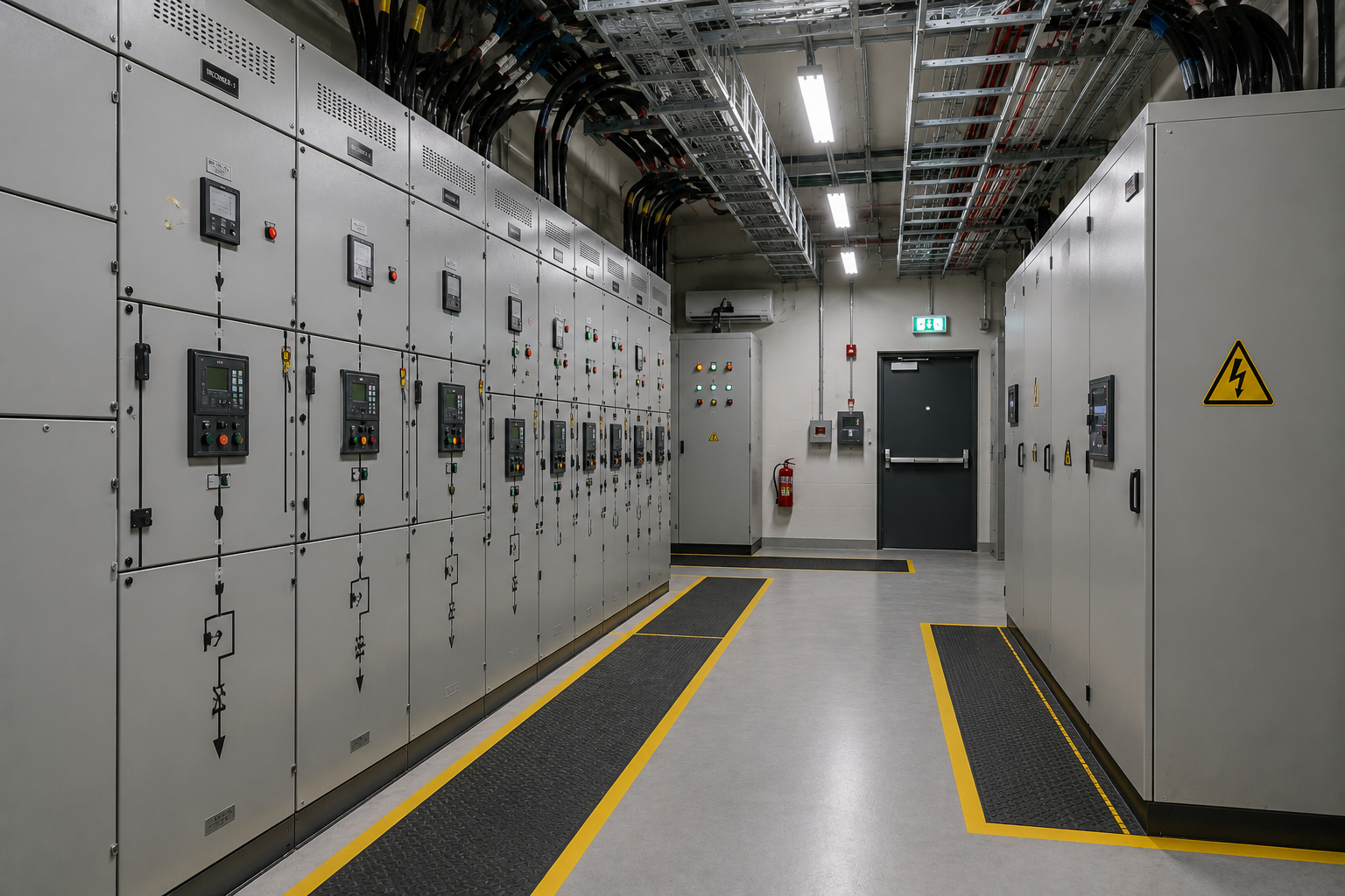 Technician working on electrical power infrastructure equipment